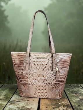 Brahmin Croc Embossed Leather Light Brown Tote Bag with Tassel